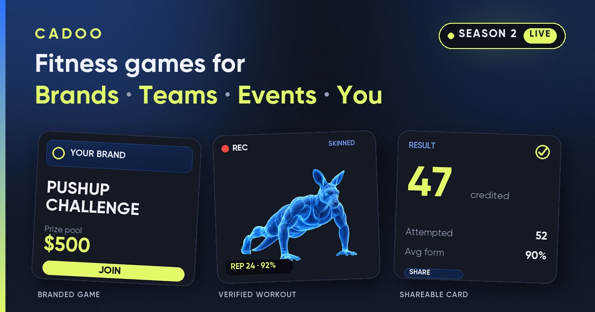 Cadoo fitness games for brands, teams, events, and you — a branded game, a verified workout, and a shareable card